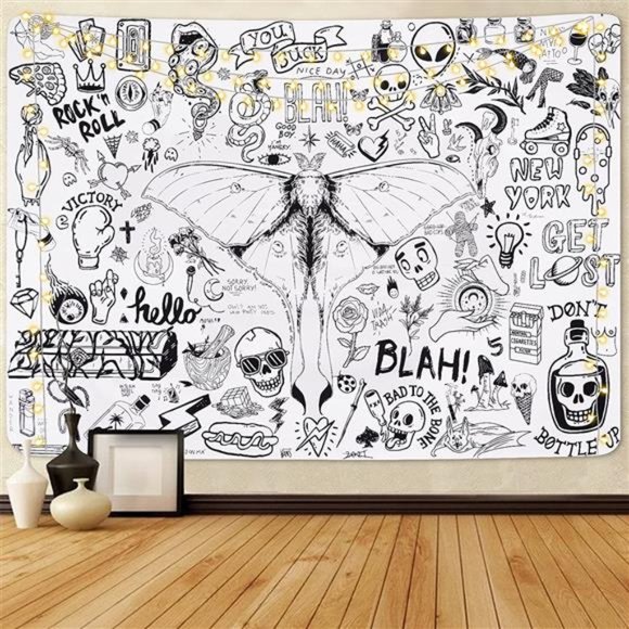 Butterfly Moth Tapestry Skull Tapestry Fantasy Insect Tapestry Black and White